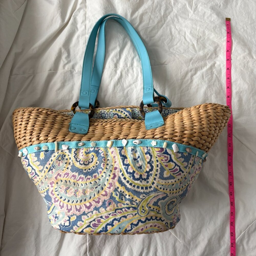 Vera Bradley Capri Blue Paisley Woven Straw Shell Beach Coastal Cottagecore Tote - Picture 7 of 9